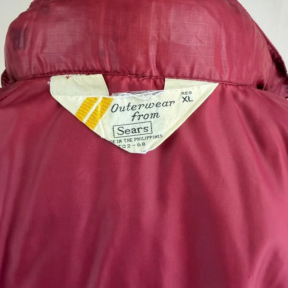 Vintage SEARS Mens L Jacket‎ Burgundy Windbreaker Hood Ripstop Dad Norm Gorp 80s